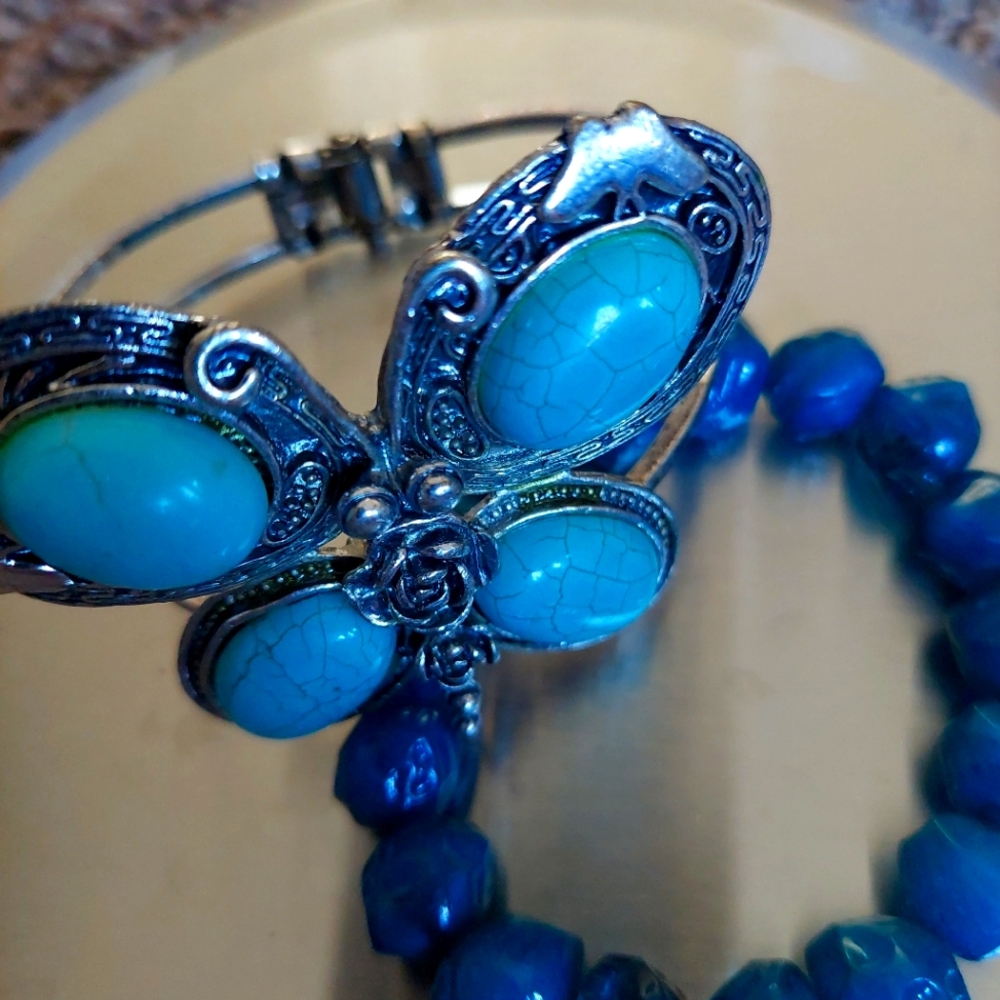 Blue Butterfly Bracelet with Turquoise Stones